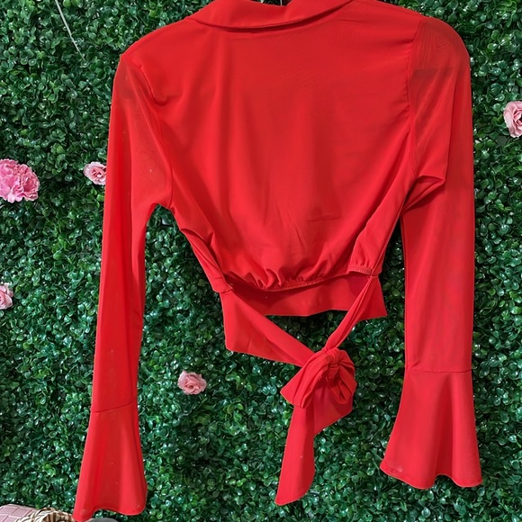 Cherry Red Blouse w Sheer Flared Sleeves - Picture 3 of 5